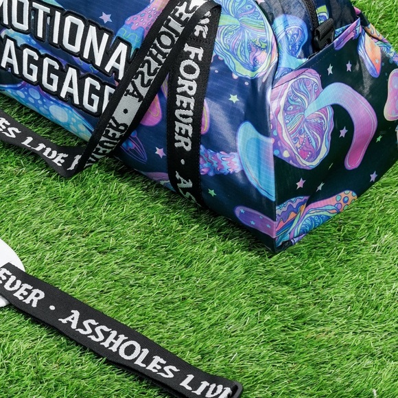 EMOTIONAL BAGGAGE MUSHROOM PRINTED STRAP LINED DUFFLE BAG Assholes Live Forever - Picture 2 of 4